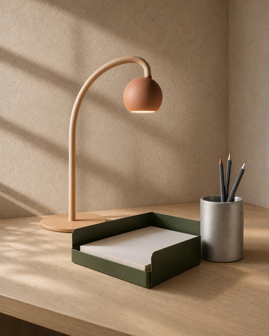 A considered workspace: task light, document tray, and pen stand on a desk